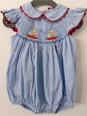 Blue Striped Smocked Sailboat bubble 12m